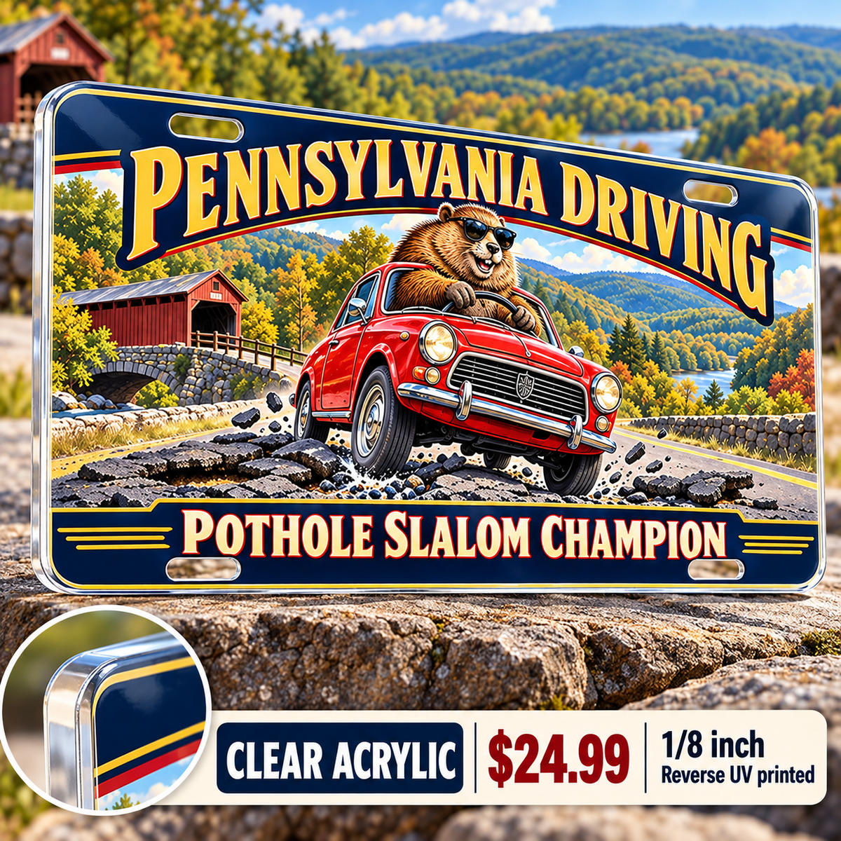 Pennsylvania Pothole Slalom funny license plate — ⅛-inch reverse UV printed acrylic with opaque artwork