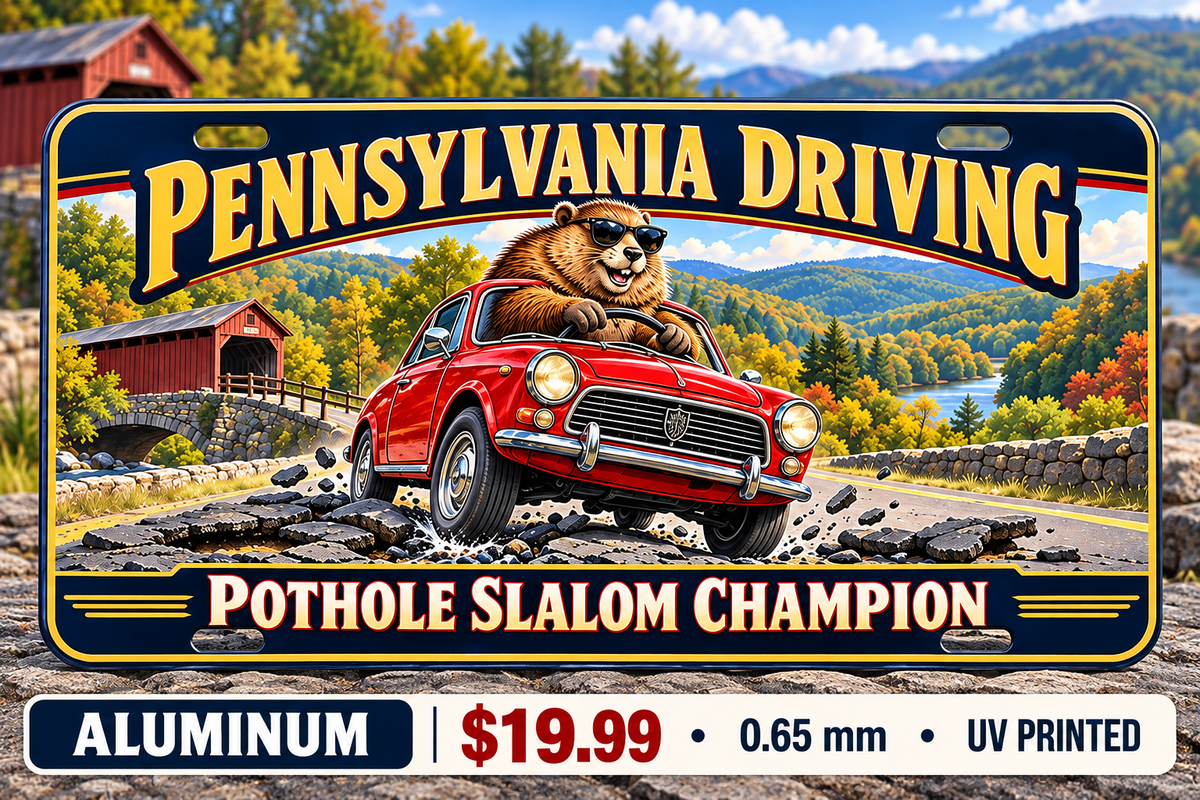 Pennsylvania Pothole Slalom funny license plate — 0.65 mm UV printed aluminum