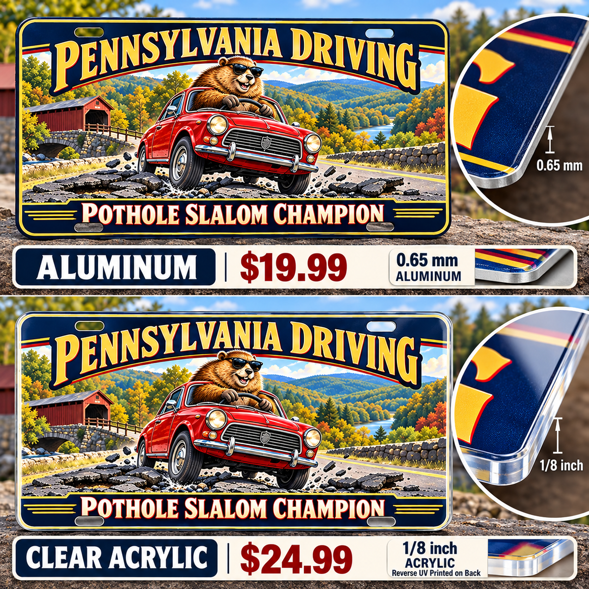 Pennsylvania Pothole Slalom funny license plate — 0.65 mm aluminum and ⅛-inch acrylic edge detail