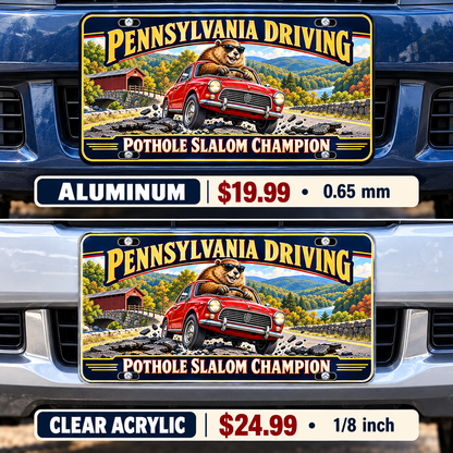 Pennsylvania Pothole Slalom funny license plate — aluminum and acrylic vehicle mockups