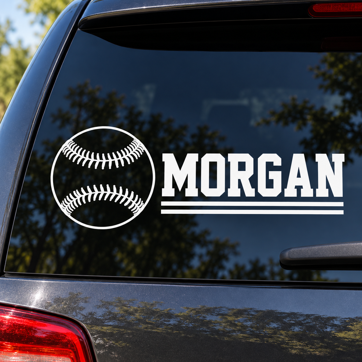 Personalized baseball name decal on a car window, Morgan example