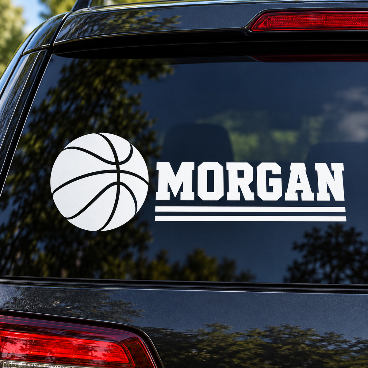 Personalized basketball name decal on a car window, Morgan example