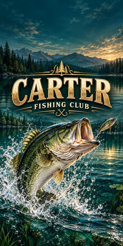 Trophy Bass Personalized Fishing Club Cornhole Board Wraps — sample name artwork without hole