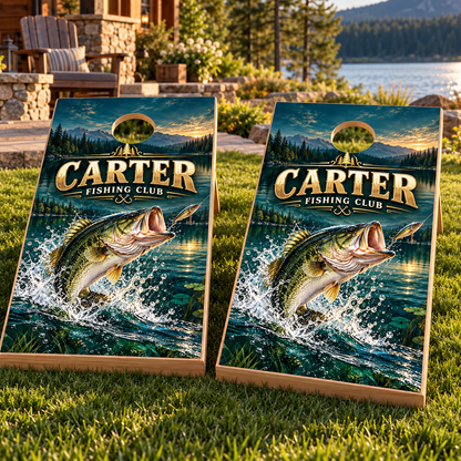 Trophy Bass Personalized Fishing Club Cornhole Board Wraps — matching board mockup; boards not included