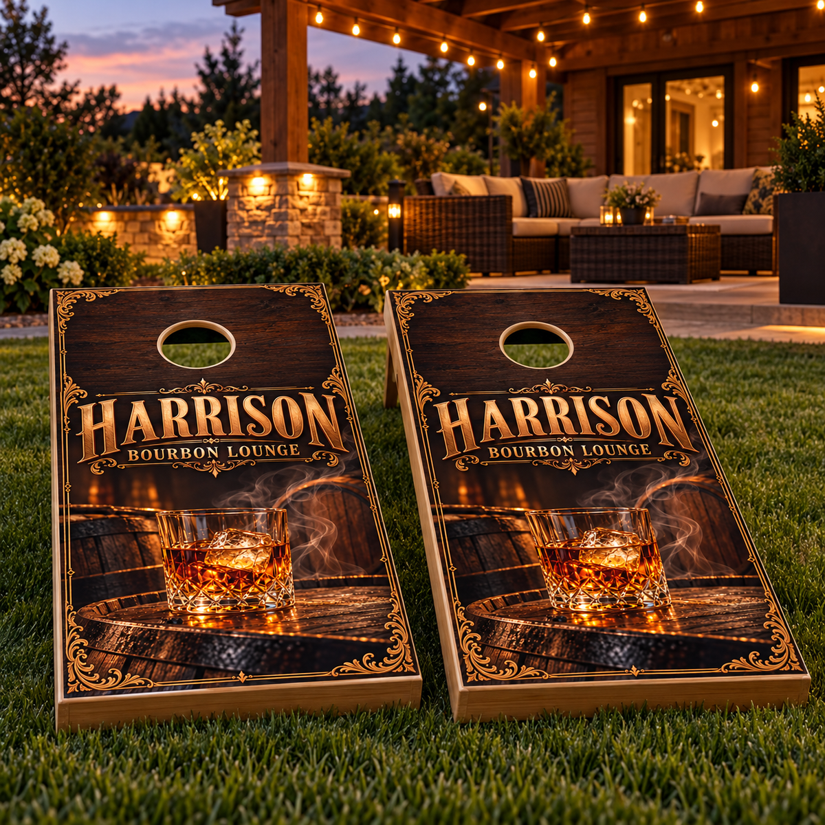 Matching boards showing Bourbon Lounge Personalized Cornhole Board Wraps; boards not included