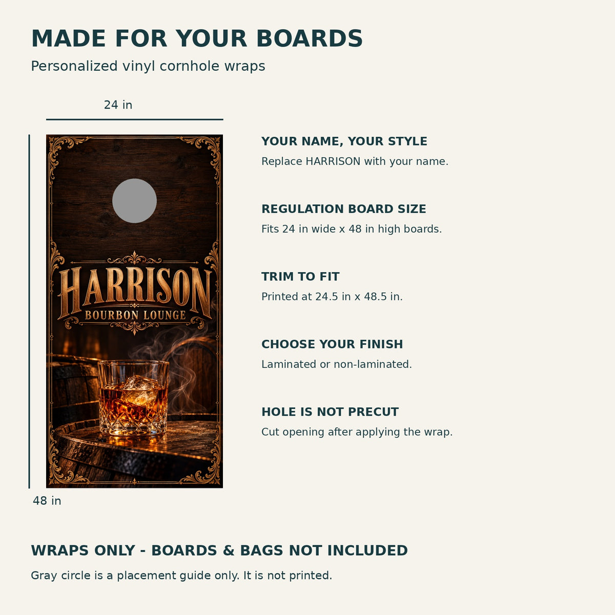 Bourbon Lounge Personalized Cornhole Board Wraps — size and installation guide