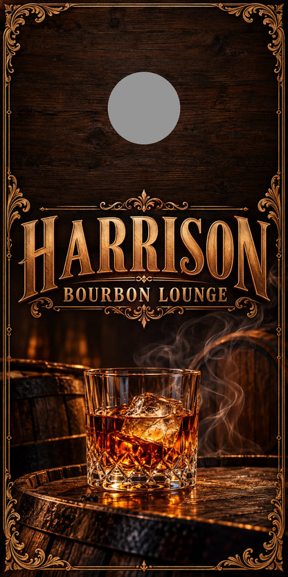 Bourbon Lounge Personalized Cornhole Board Wraps — gray hole-position preview