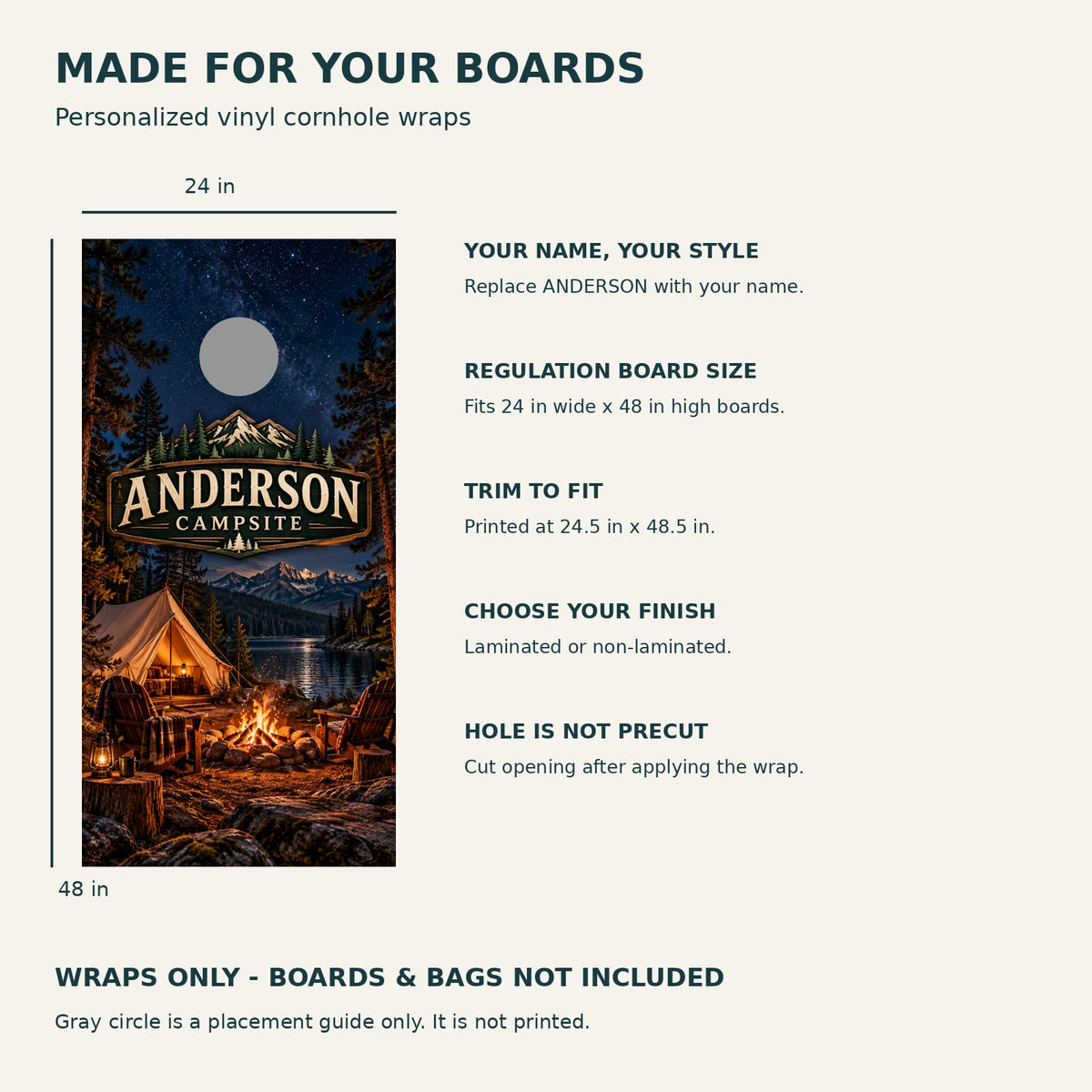 Campfire Nights Personalized Campsite Cornhole Board Wraps — size and installation guide