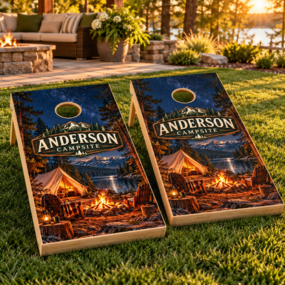 Campfire Nights Personalized Campsite Cornhole Board Wraps — matching board mockup; boards not included