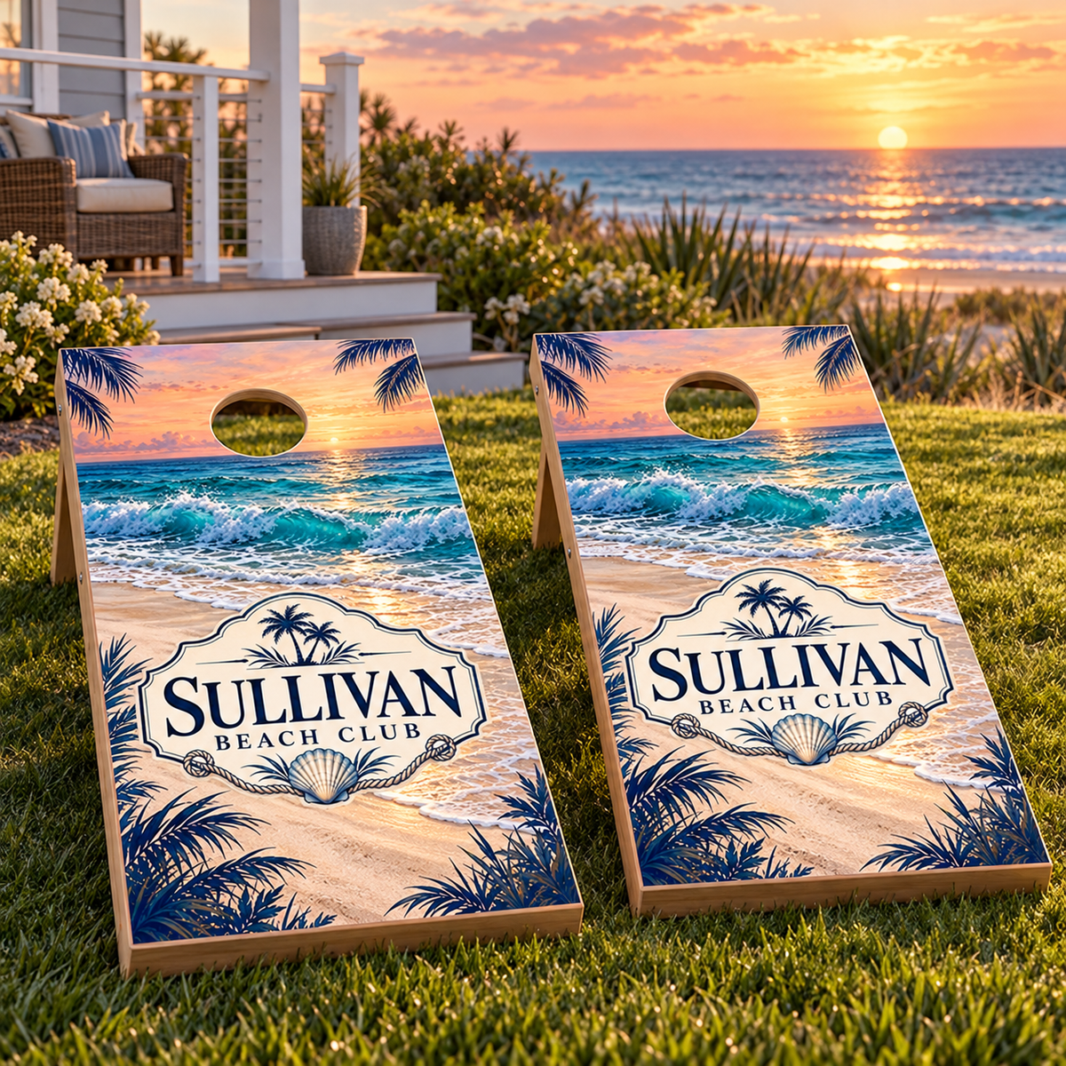 Matching boards showing Coastal Escape Personalized Beach Club Cornhole Board Wraps; boards not included