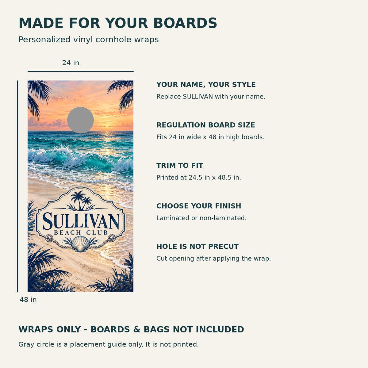 Coastal Escape Personalized Beach Club Cornhole Board Wraps — size and installation guide