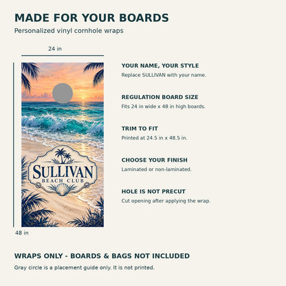 Coastal Escape Personalized Beach Club Cornhole Board Wraps — size and installation guide