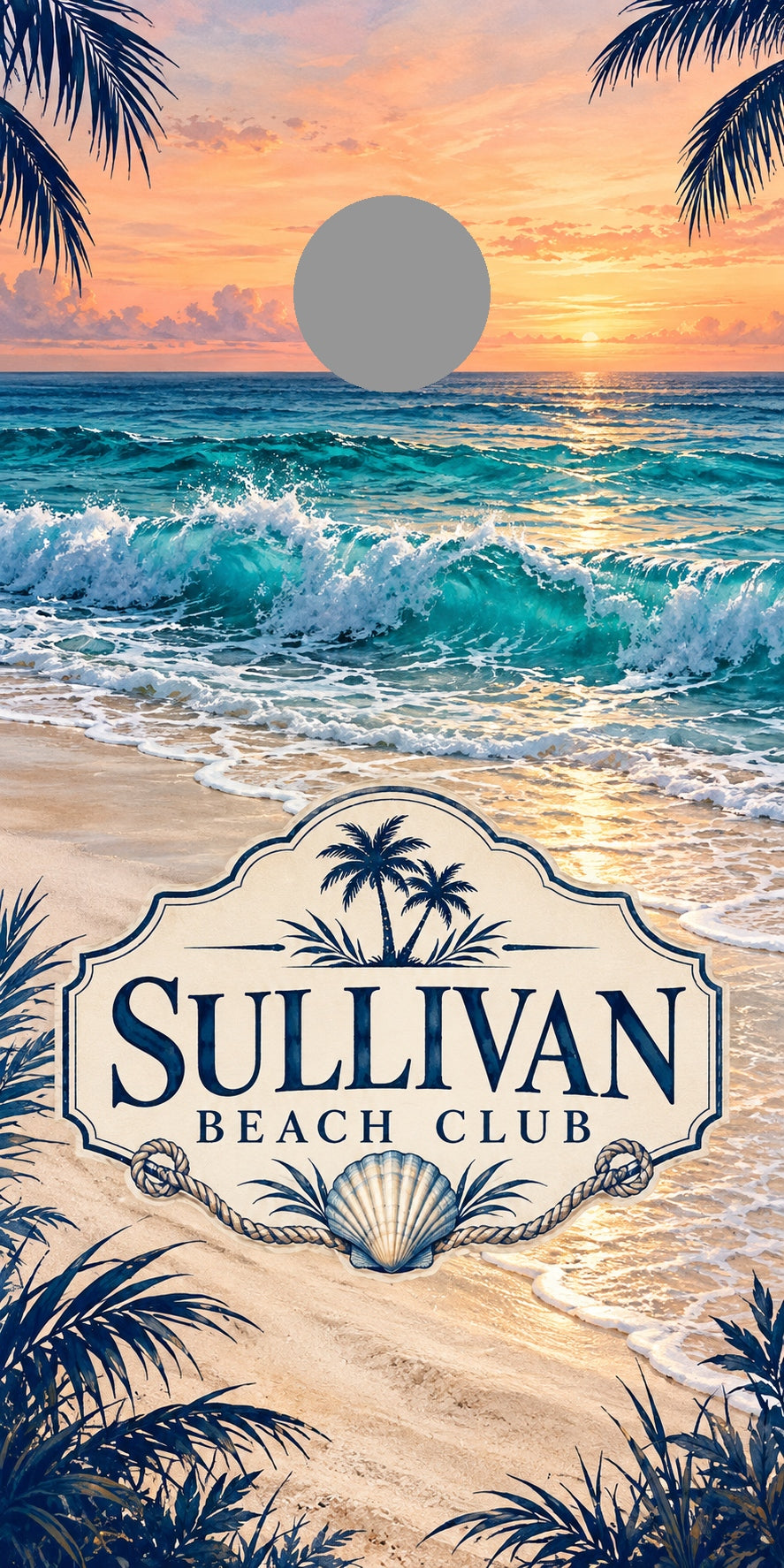 Coastal Escape Personalized Beach Club Cornhole Board Wraps — gray hole-position preview