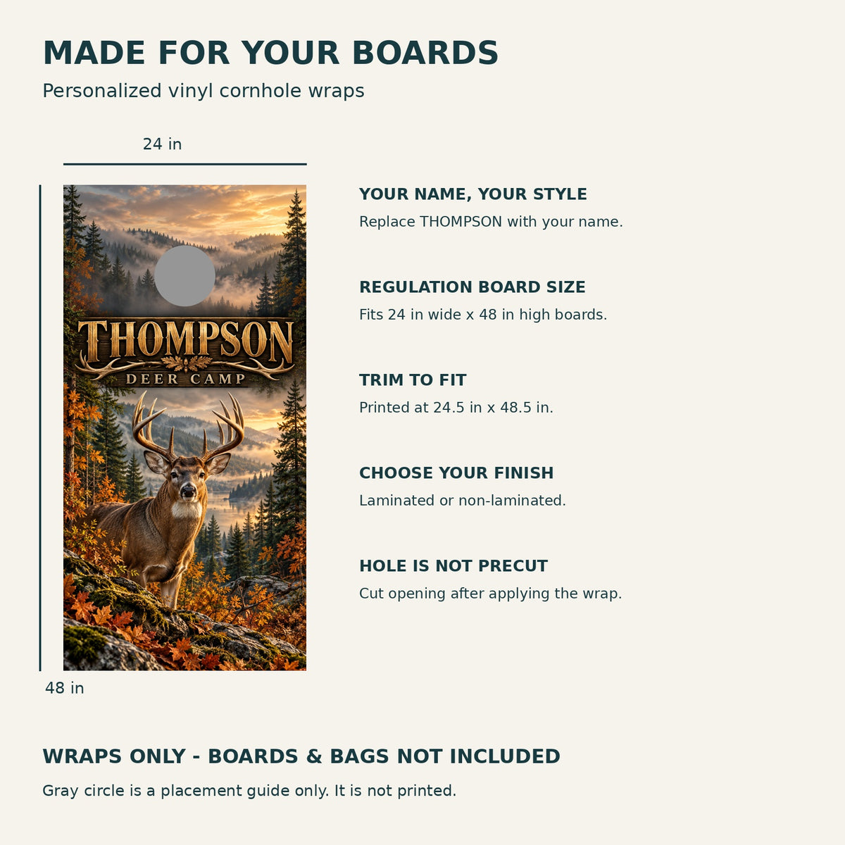 Woodland Legacy Personalized Deer Cornhole Board Wraps — size and installation guide
