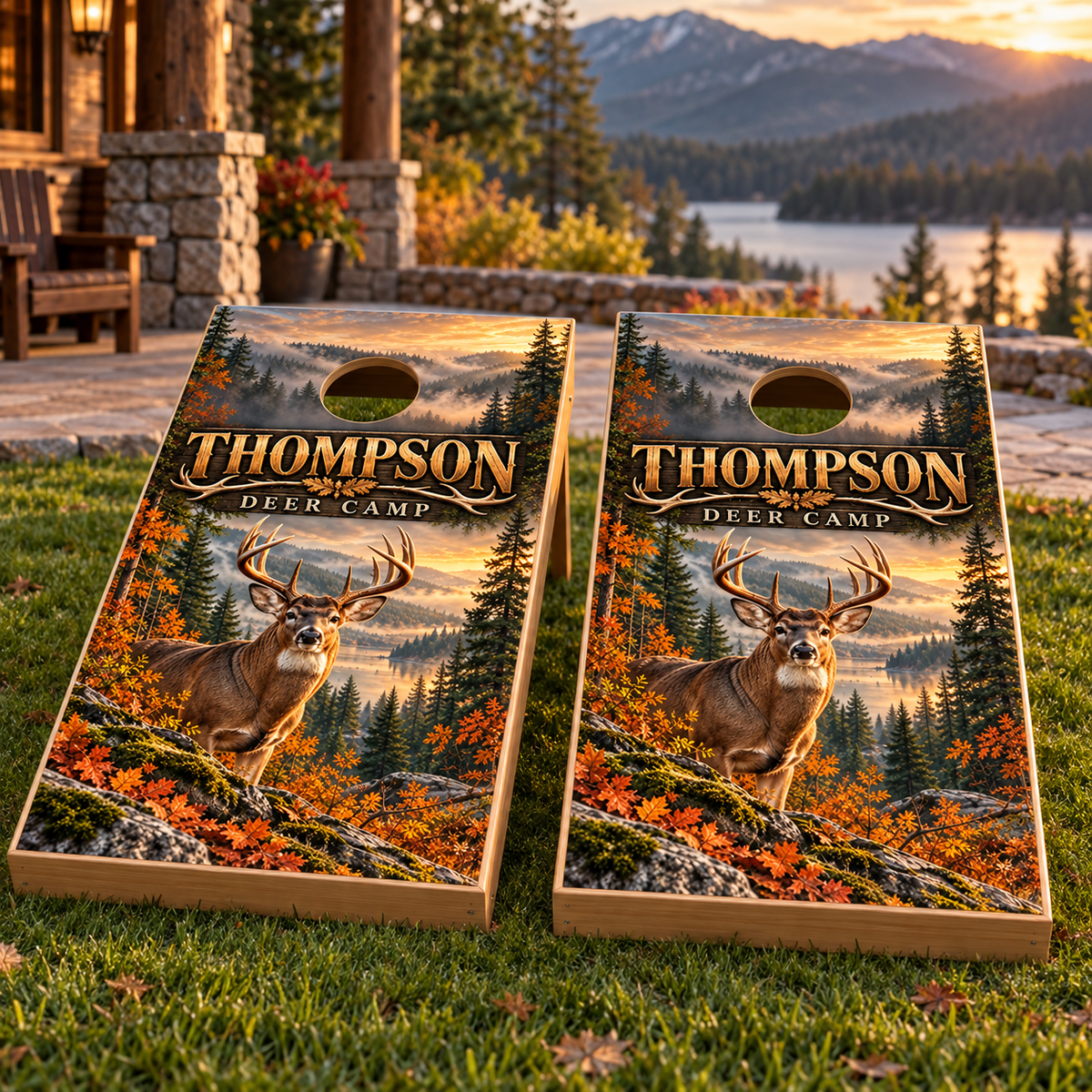 Woodland Legacy Personalized Deer Cornhole Board Wraps — matching board mockup; boards not included