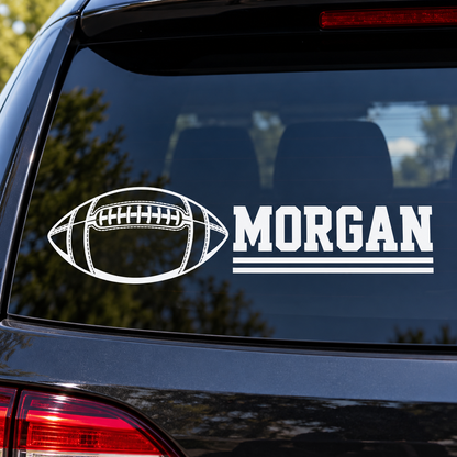 Personalized football name decal on a car window, Morgan example