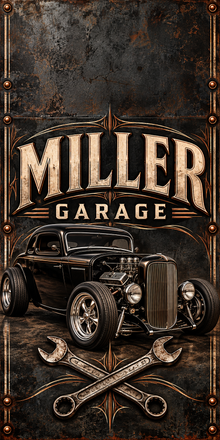 Vintage Garage Personalized Cornhole Board Wraps — sample name artwork without hole