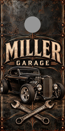 Vintage Garage Personalized Cornhole Board Wraps — gray hole-position preview