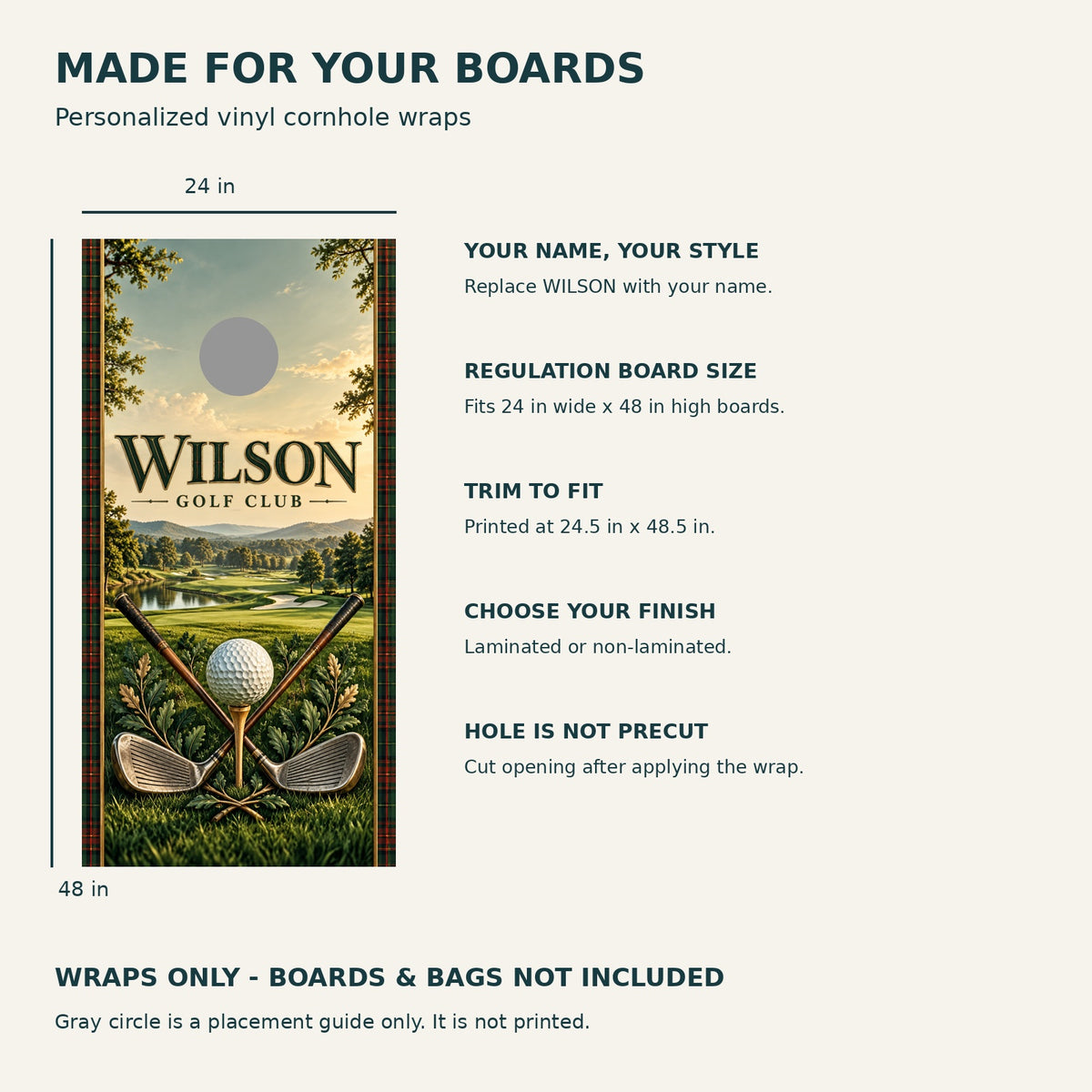 Fairway Club Personalized Golf Cornhole Board Wraps — size and installation guide