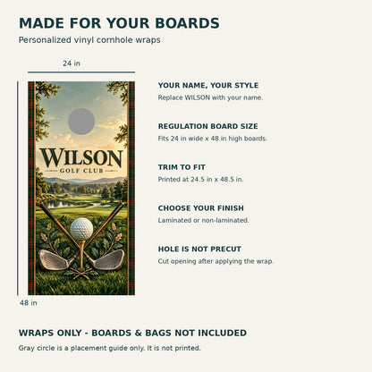 Fairway Club Personalized Golf Cornhole Board Wraps — size and installation guide