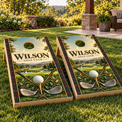 Fairway Club Personalized Golf Cornhole Board Wraps — matching board mockup; boards not included