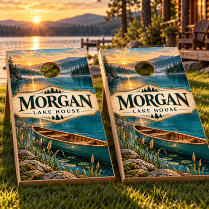 Matching boards showing Lakeside Retreat Personalized Lake House Cornhole Board Wraps; boards not included