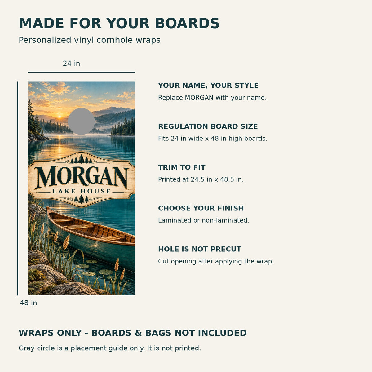 Lakeside Retreat Personalized Lake House Cornhole Board Wraps — size and installation guide