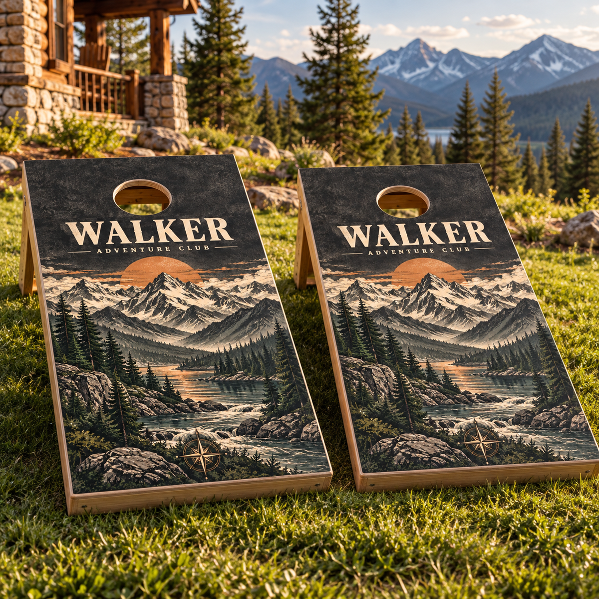 Matching boards showing Mountain Adventure Personalized Cornhole Board Wraps; boards not included