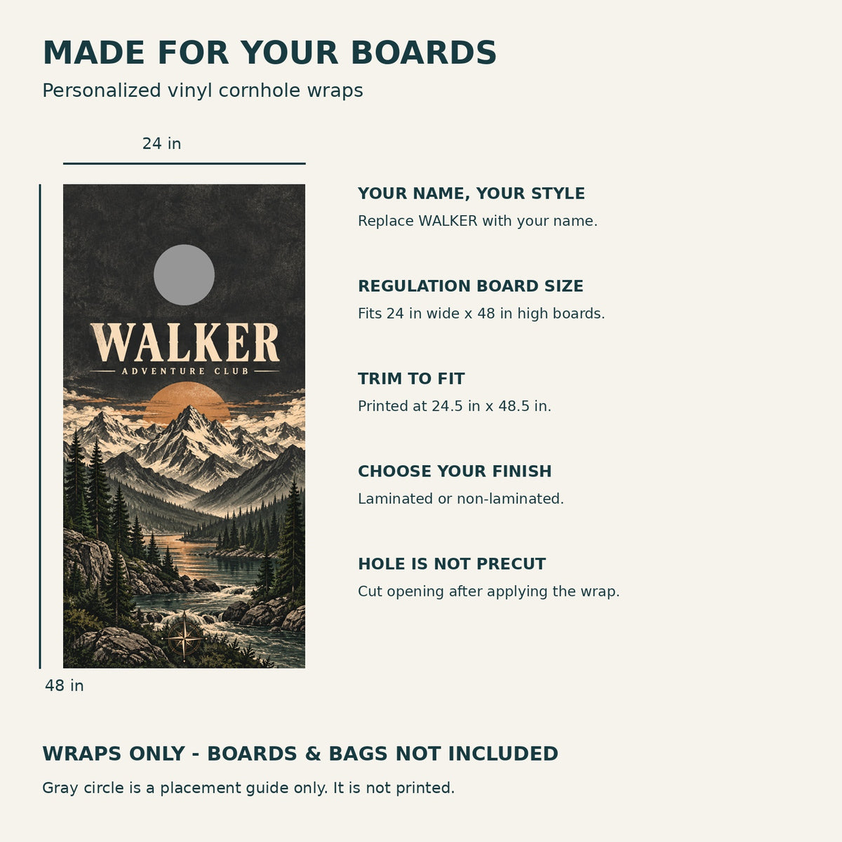 Mountain Adventure Personalized Cornhole Board Wraps — size and installation guide