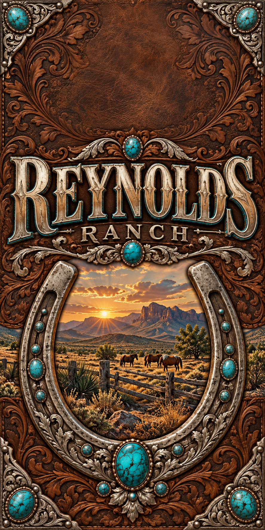 Turquoise Ranch Personalized Western Cornhole Board Wraps — sample name artwork without hole