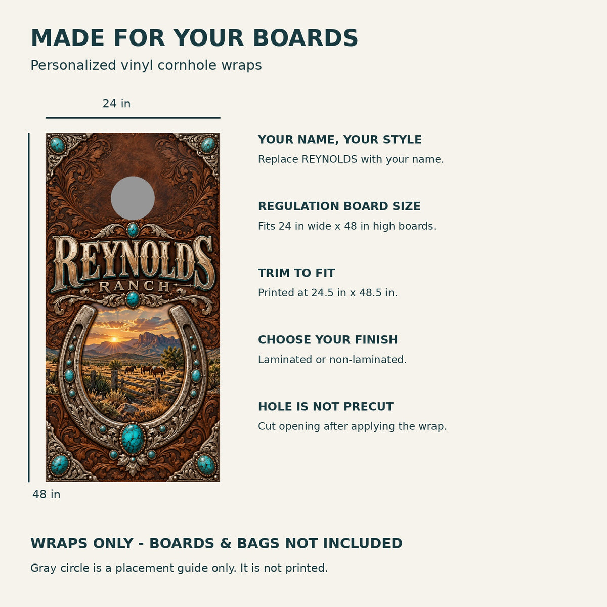Turquoise Ranch Personalized Western Cornhole Board Wraps — size and installation guide