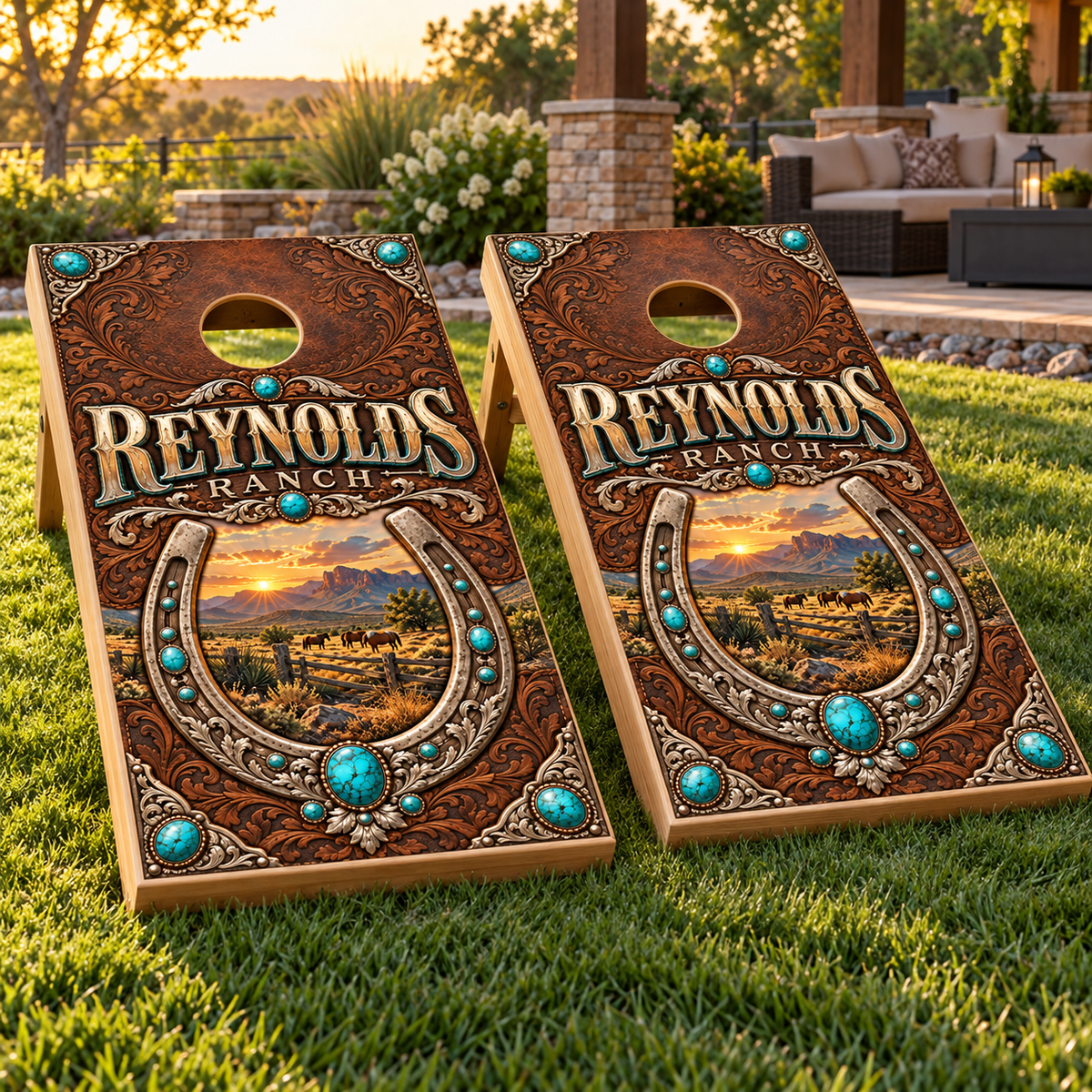 Turquoise Ranch Personalized Western Cornhole Board Wraps — matching board mockup; boards not included