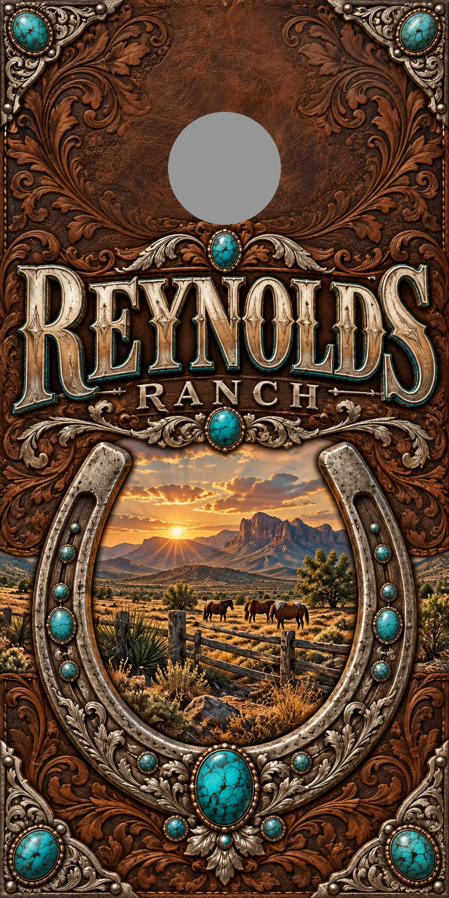 Turquoise Ranch Personalized Western Cornhole Board Wraps — gray hole-position preview