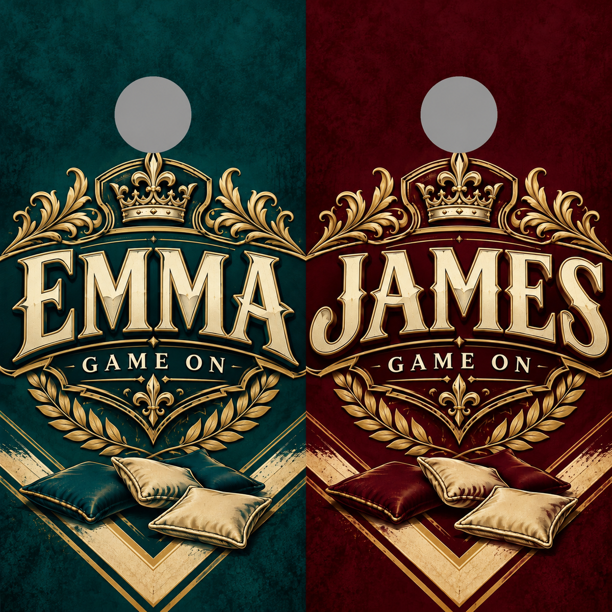 His and Hers Personalized Rivalry Cornhole Board Wraps — gray hole-position guides