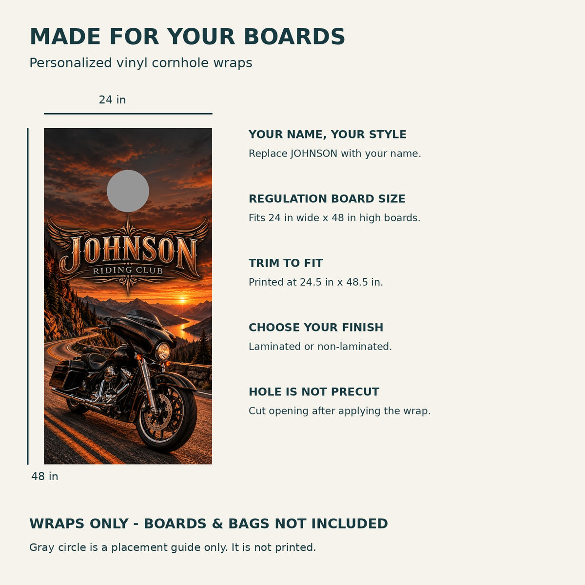 Open Road Personalized Motorcycle Cornhole Board Wraps — size and installation guide