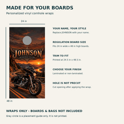 Open Road Personalized Motorcycle Cornhole Board Wraps — size and installation guide