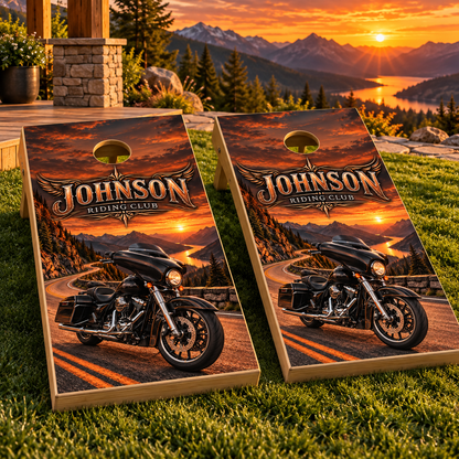 Open Road Personalized Motorcycle Cornhole Board Wraps — matching board mockup; boards not included