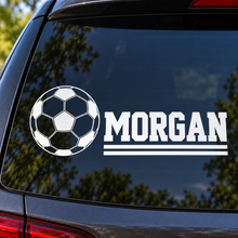 Personalized soccer name decal on a car window, Morgan example