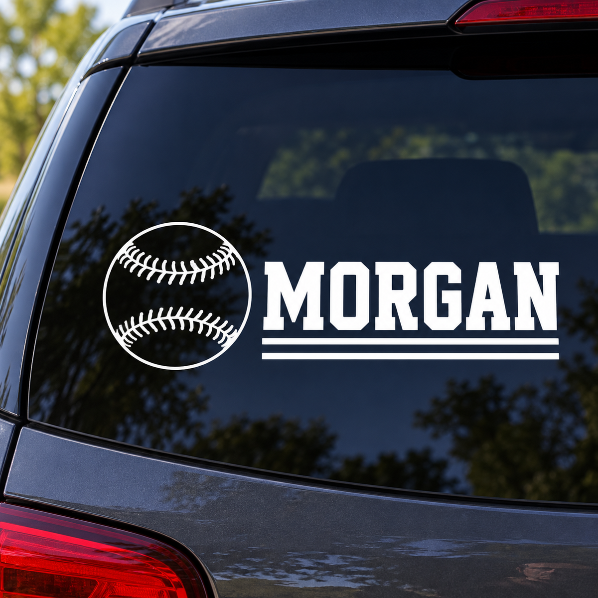 Personalized softball name decal on a car window, Morgan example