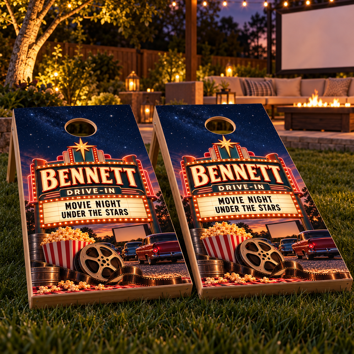 Backyard Drive-In Personalized Movie Night Cornhole Board Wraps on boards; boards not included