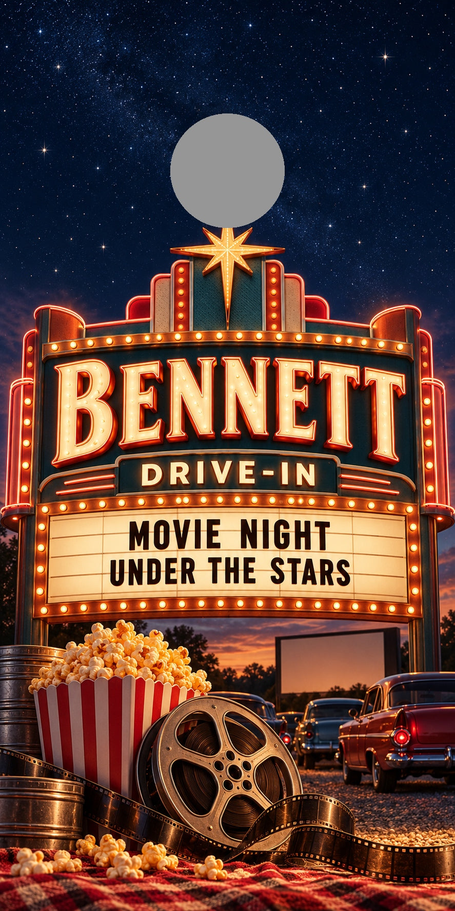 Backyard Drive-In Personalized Movie Night Cornhole Board Wraps — gray hole-position guide