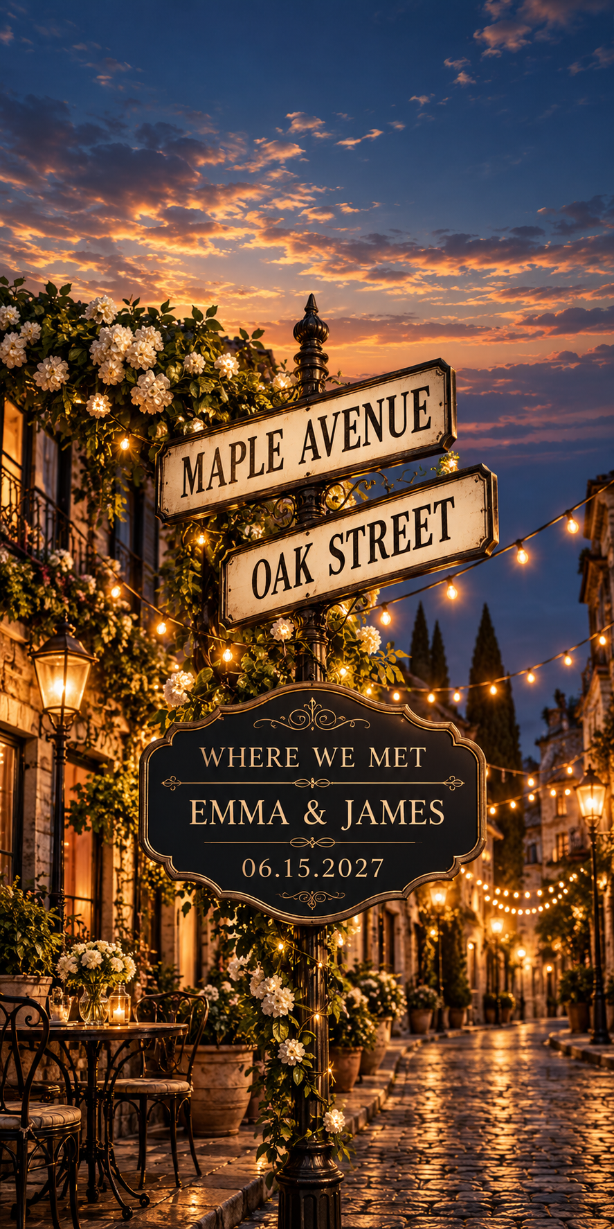 Where We Met Personalized Street Sign Cornhole Board Wraps — sample personalization artwork