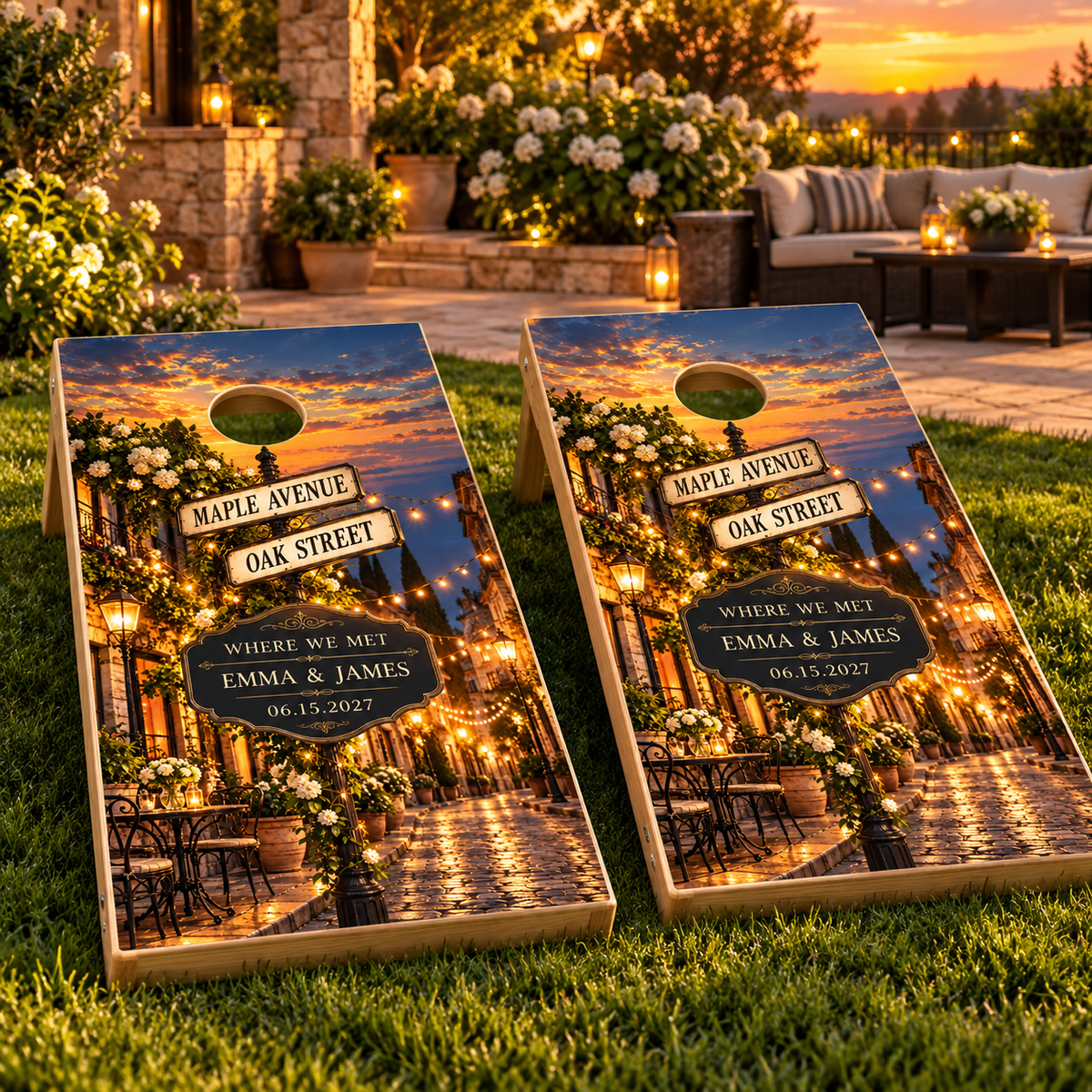 Where We Met Personalized Street Sign Cornhole Board Wraps on boards; boards not included