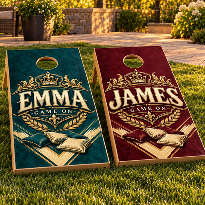 His and Hers Personalized Rivalry Cornhole Board Wraps on boards; boards not included