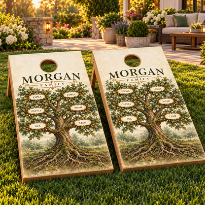 Family Roots Personalized Family Tree Cornhole Board Wraps on boards; boards not included