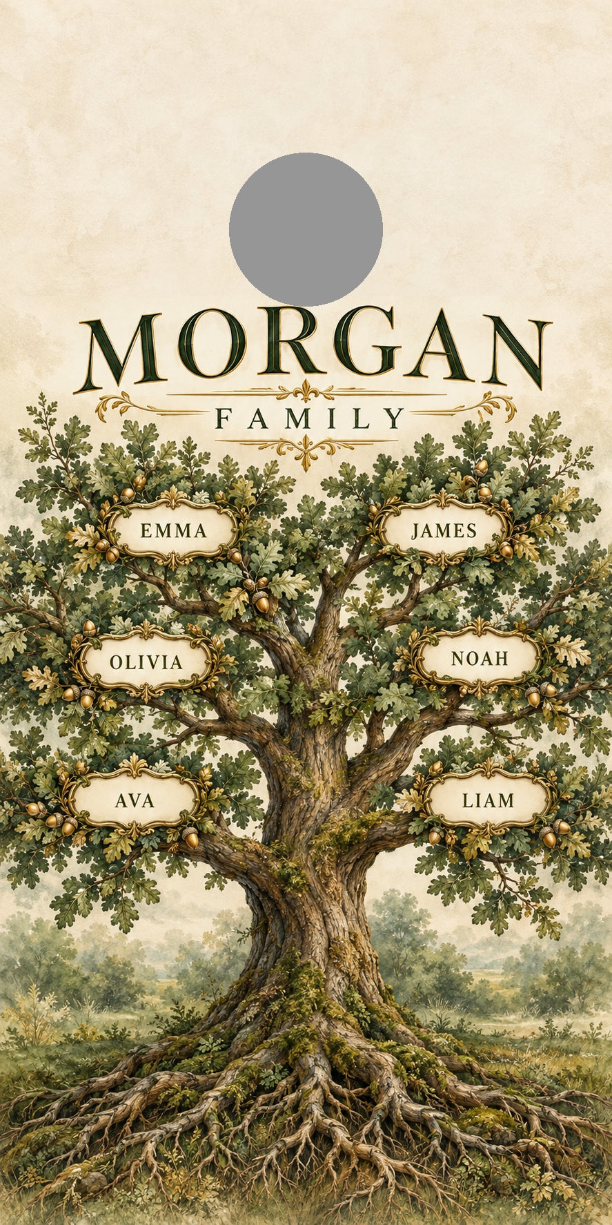 Family Roots Personalized Family Tree Cornhole Board Wraps — gray hole-position guide