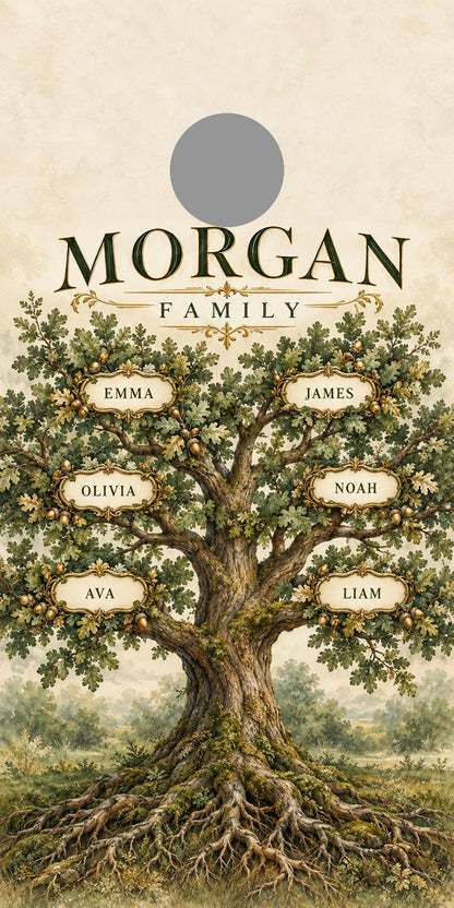 Family Roots Personalized Family Tree Cornhole Board Wraps — gray hole-position guide