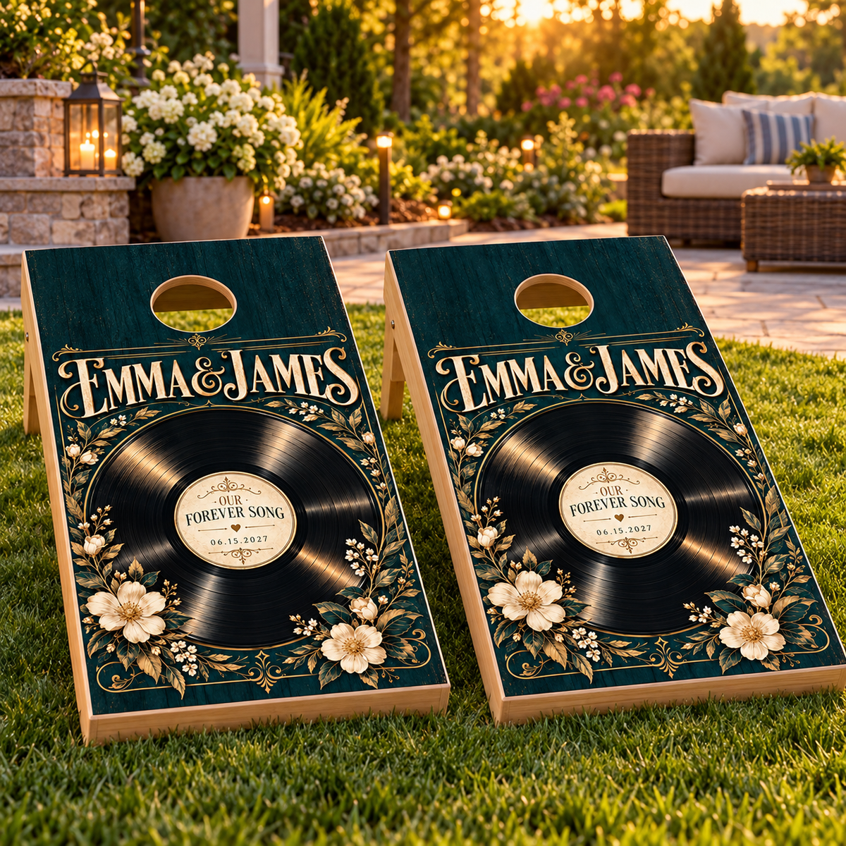 Vinyl Record Romance Personalized Cornhole Board Wraps on boards; boards not included