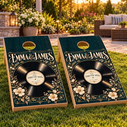 Vinyl Record Romance Personalized Cornhole Board Wraps on boards; boards not included