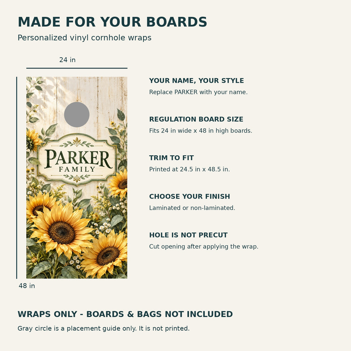Sunflower Meadow Personalized Family Cornhole Board Wraps — size and installation guide
